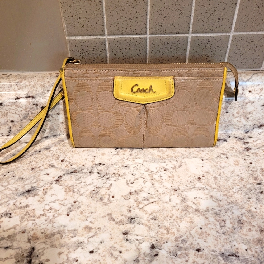 Coach Beige Signature Wristlet with Yellow Trim